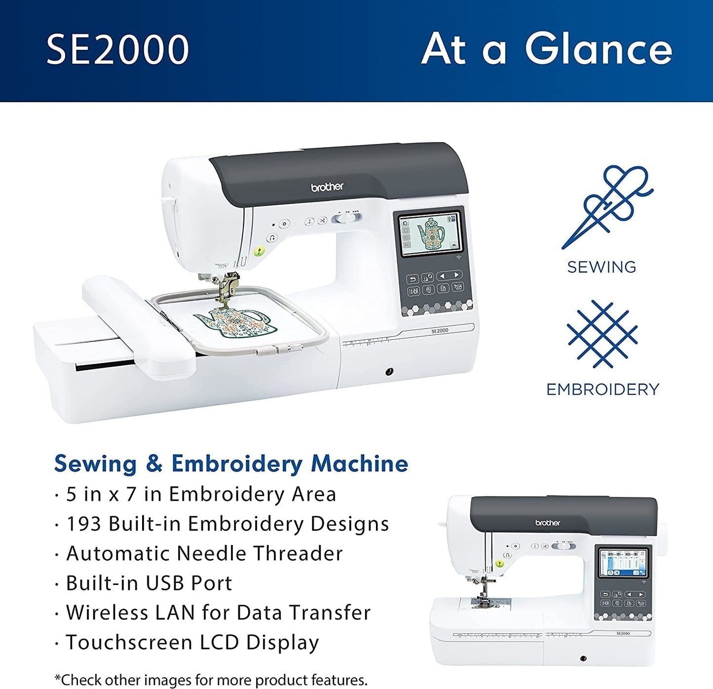 Brother SE2000 Computerized Sewing and Embroidery Machine, 5" x 7" Hoop Area, LCD Touchscreen, 241 Built-In Stitches, 193 Embroidery Designs, Wireless Technology