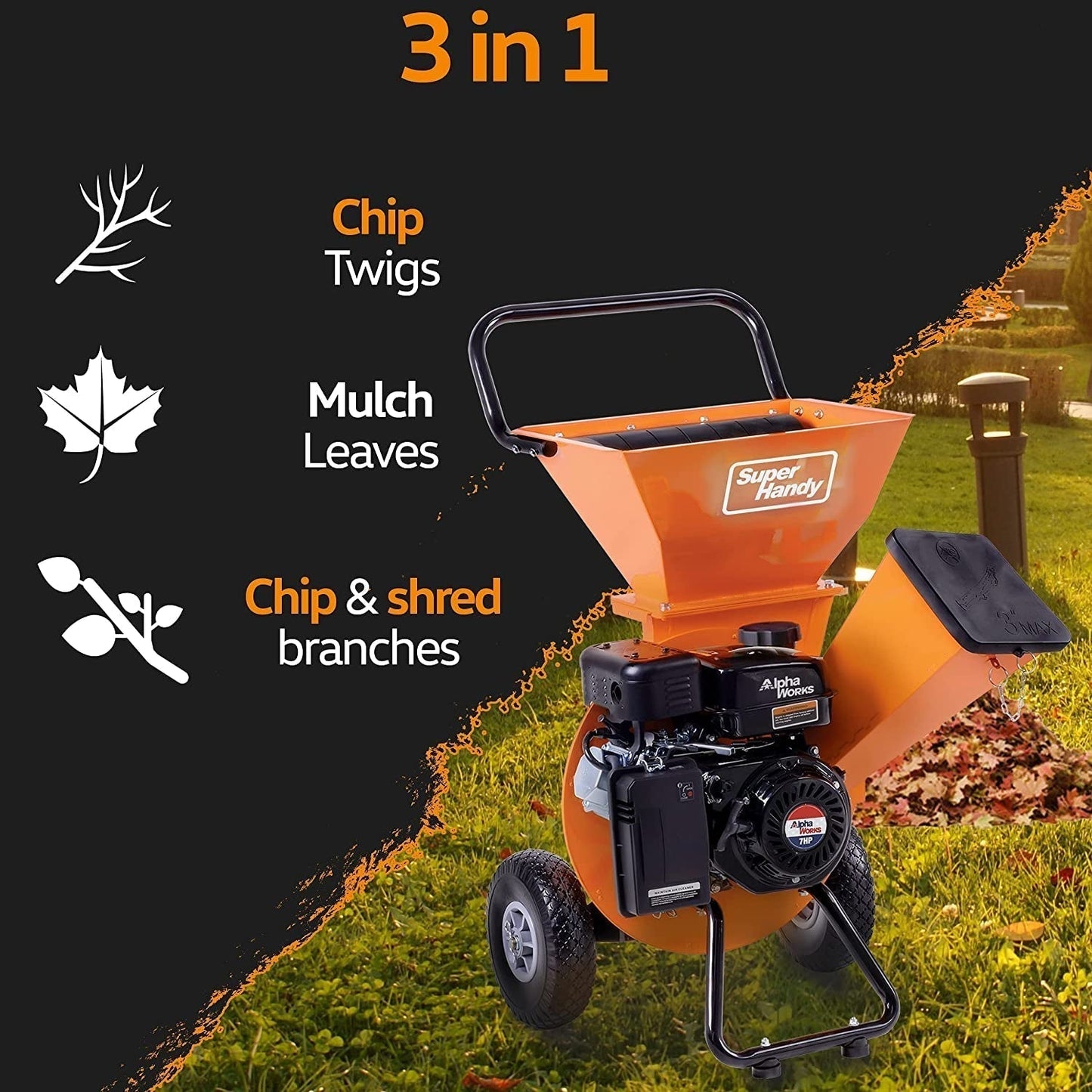 Superhandy Wood Chipper Shredder Mulcher Ultra Heavy Duty 7HP 3 in 1 Multi-Function 3" Inch Max Capacity