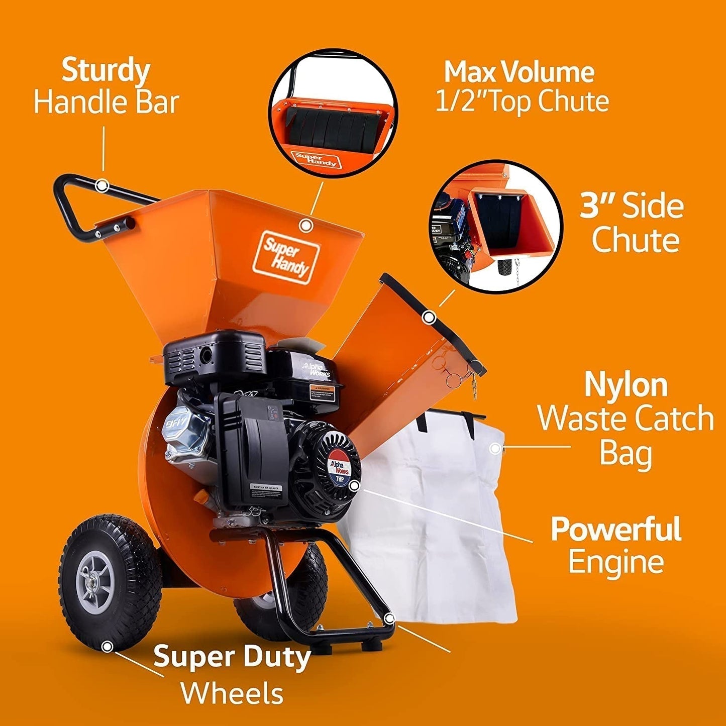 Superhandy Wood Chipper Shredder Mulcher Ultra Heavy Duty 7HP 3 in 1 Multi-Function 3" Inch Max Capacity