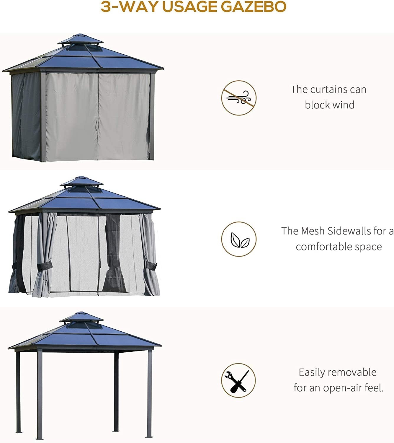 Outsunny 10′ x 10′ Aluminum Patio Gazebo Canopy w/ Polycarbonate Hardtop Roof