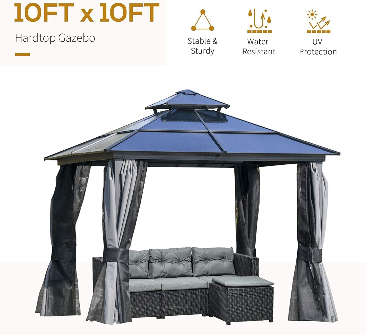 Outsunny 10′ x 10′ Aluminum Patio Gazebo Canopy w/ Polycarbonate Hardtop Roof
