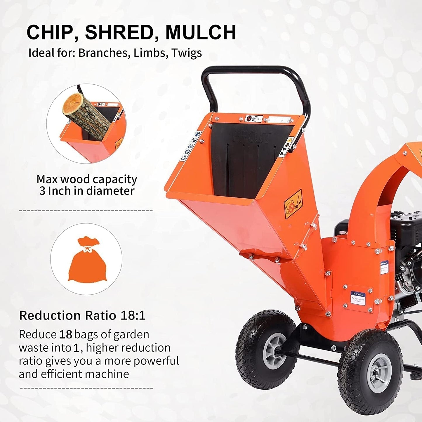 EFCUT C30 Mini Wood Chipper Shredder Mulcher Heavy Duty 7 HP 212Cc Gas Powered Engine 3" Inch Max Wood Diameter Capacity Compact Design