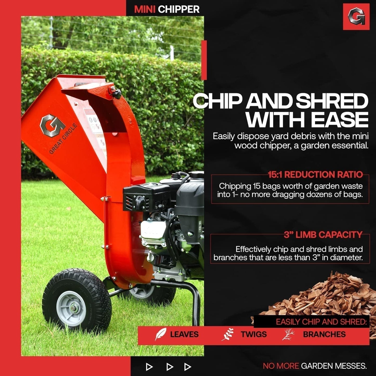 Greatcircleusa Mini Wood Chipper Shredder Mulcher Ultra Duty 7 HP Gas Powered