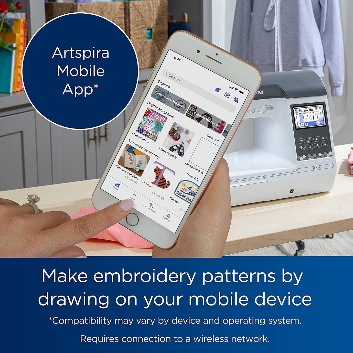 Brother SE2000 Computerized Sewing and Embroidery Machine, 5" x 7" Hoop Area, LCD Touchscreen, 241 Built-In Stitches, 193 Embroidery Designs, Wireless Technology