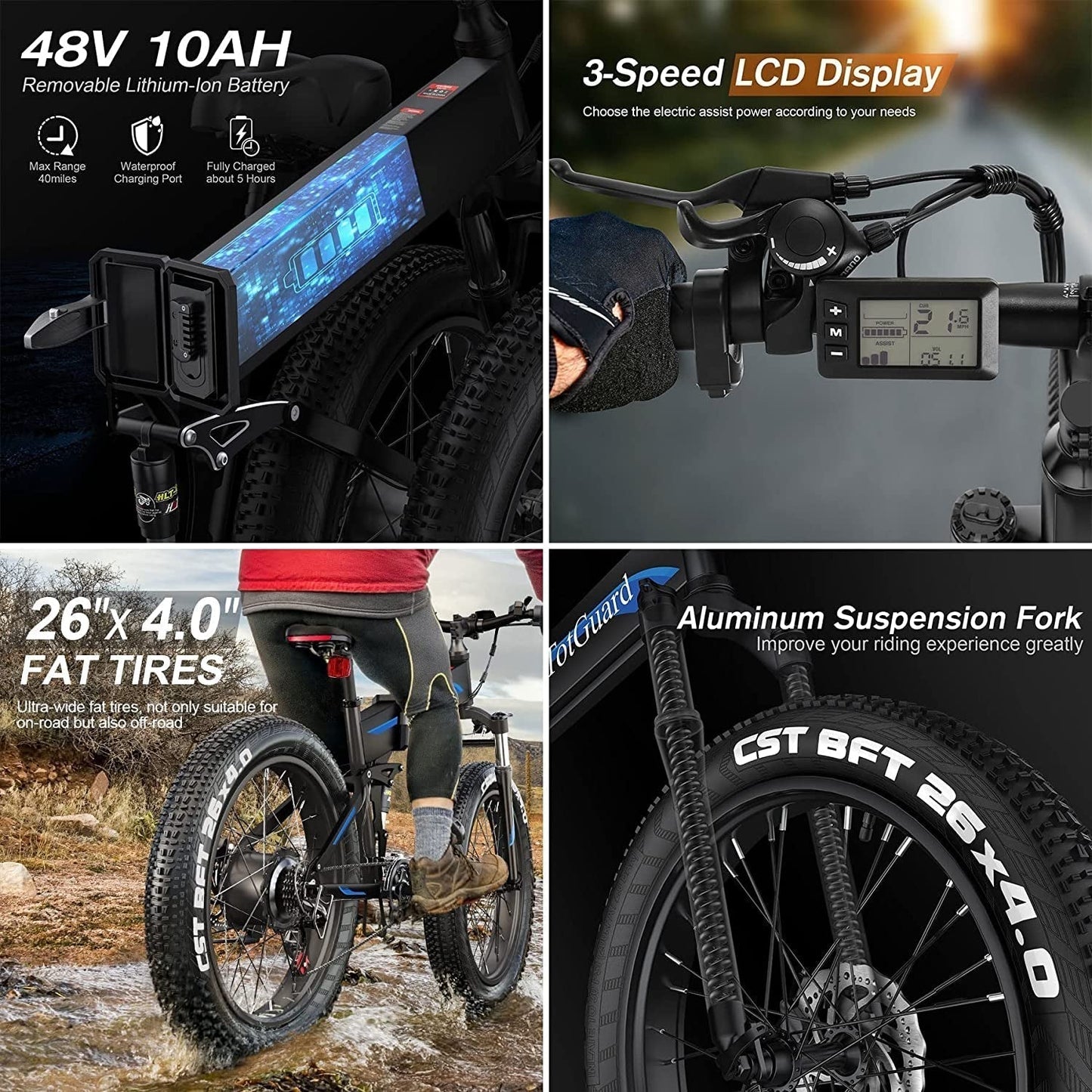 Totguard Electric Bike, 26" Fat Tire Electric Bike for Adults 500W 21.6MPH